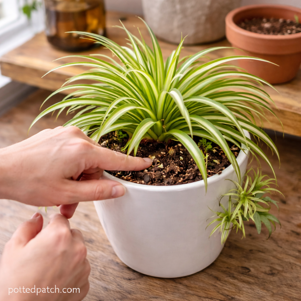 Person checking soil moisture of a spider plant indoors by inserting a finger into the potting mix.