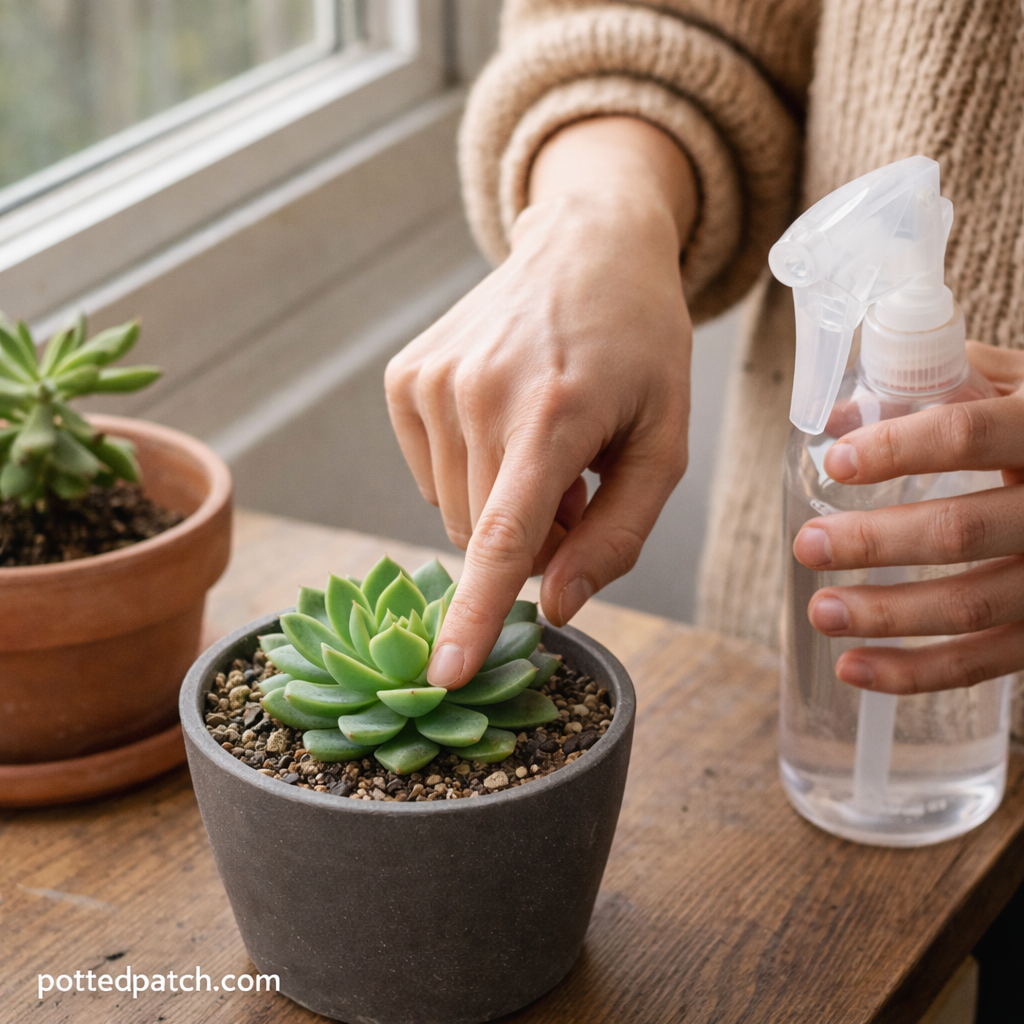 Person checking soil moisture of a potted succulent near a window to avoid common care mistakes with pottedpatch.com watermark.