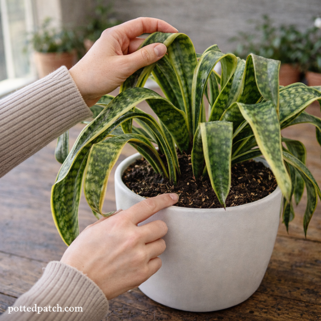 Person lifting drooping snake plant leaves while checking soil moisture in a potted indoor plant.