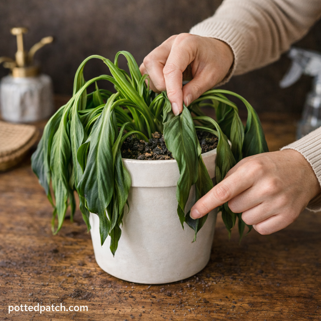 Person checking soil moisture and lifting drooping leaves of a wilting peace lily indoors with pottedpatch.com watermark.