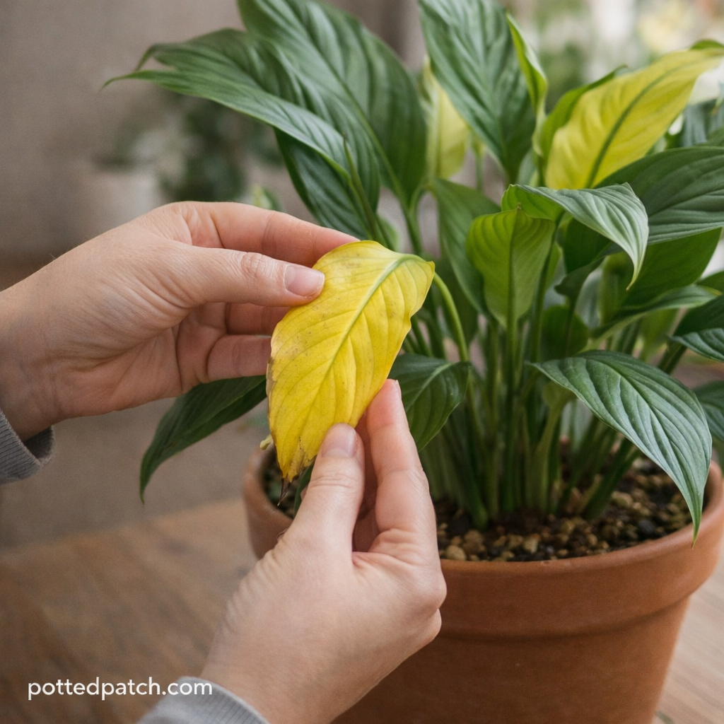 Person examining a yellow leaf on an indoor peace lily plant in a terracotta pot with pottedpatch.com watermark.