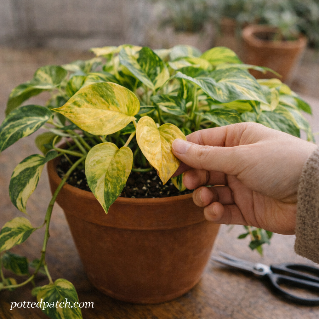 Person holding a yellowing pothos leaf to inspect signs of common care problems such as overwatering or low light.
