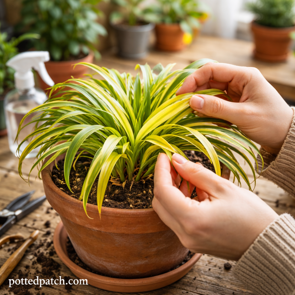 Person gently examining yellow leaves on a spider plant in a terracotta pot indoors.