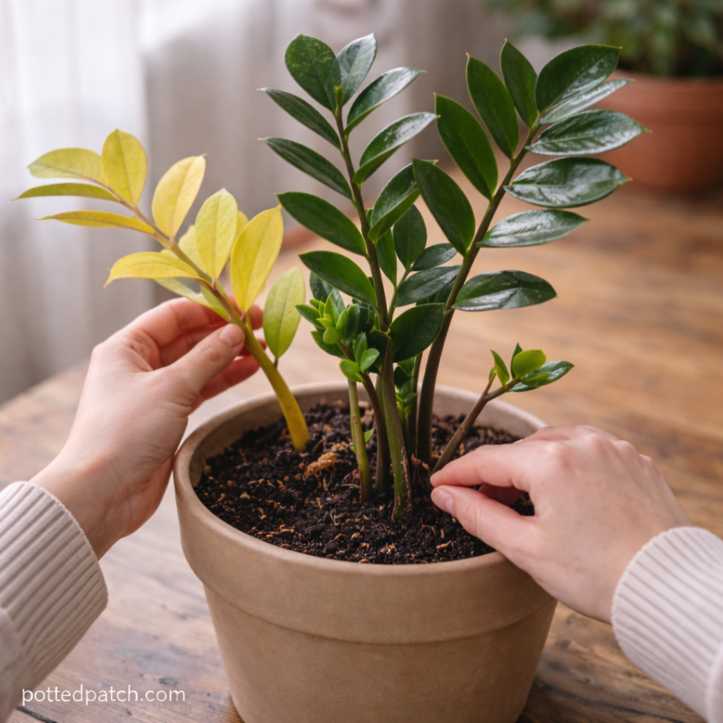 Person inspecting a ZZ plant with yellowing stem and moist soil to diagnose slow growth problems indoors, with pottedpatch.com watermark.