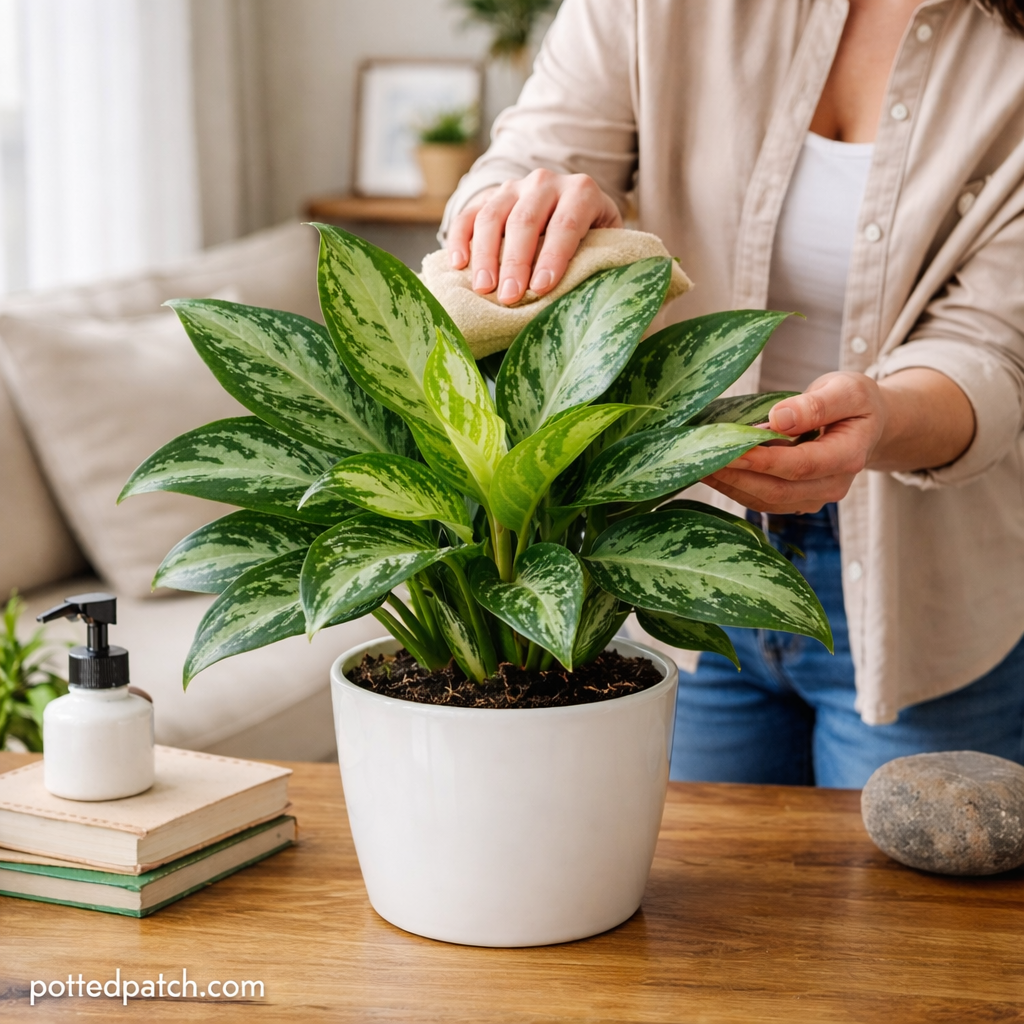 Person gently wiping the leaves of a Chinese Evergreen plant indoors to maintain healthy foliage with pottedpatch.com watermark.