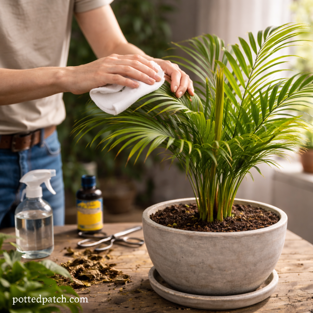 Person gently wiping Areca palm leaves with a cloth indoors to maintain plant health, with pottedpatch.com watermark.