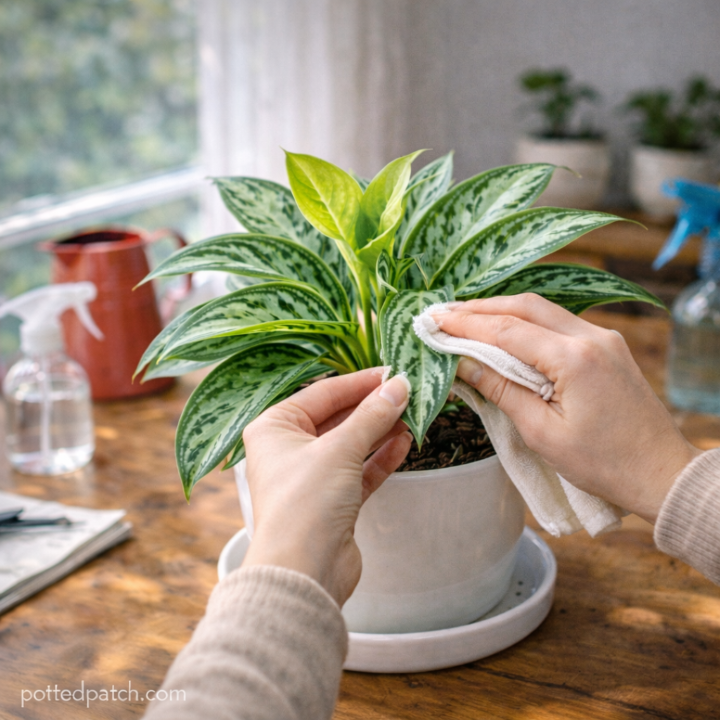 Person wiping leaves of a Chinese Evergreen plant indoors to keep it healthy year round with pottedpatch.com watermark.