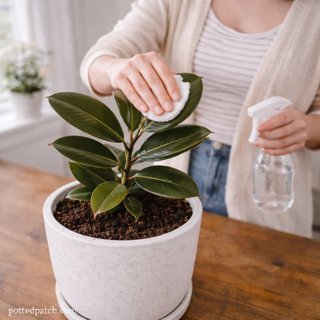 Person wiping large glossy leaves of a rubber plant with a cloth while holding a spray bottle indoors with pottedpatch.com watermark.