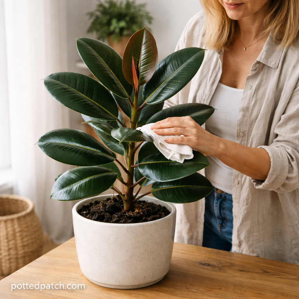 Woman gently wiping the glossy leaves of a rubber plant indoors in natural light.