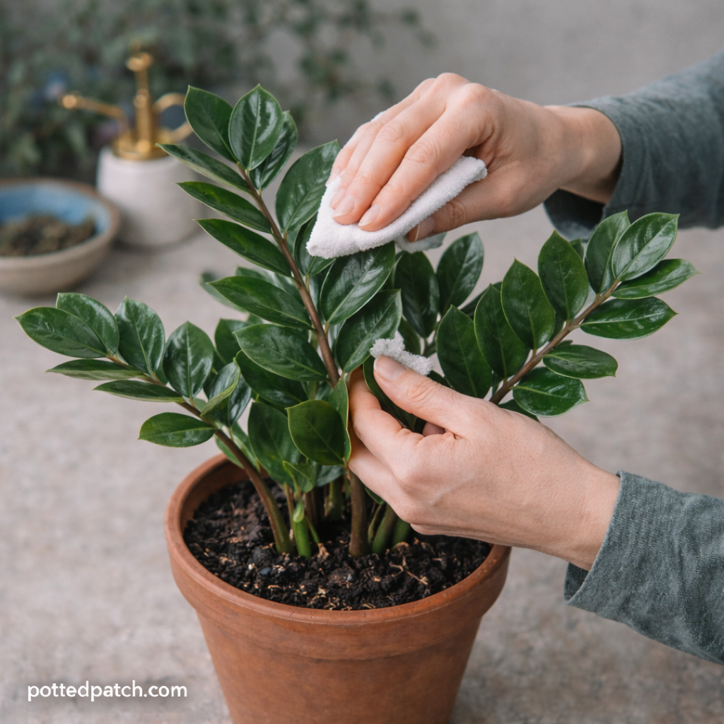 Person gently wiping ZZ plant leaves with a soft cloth indoors.