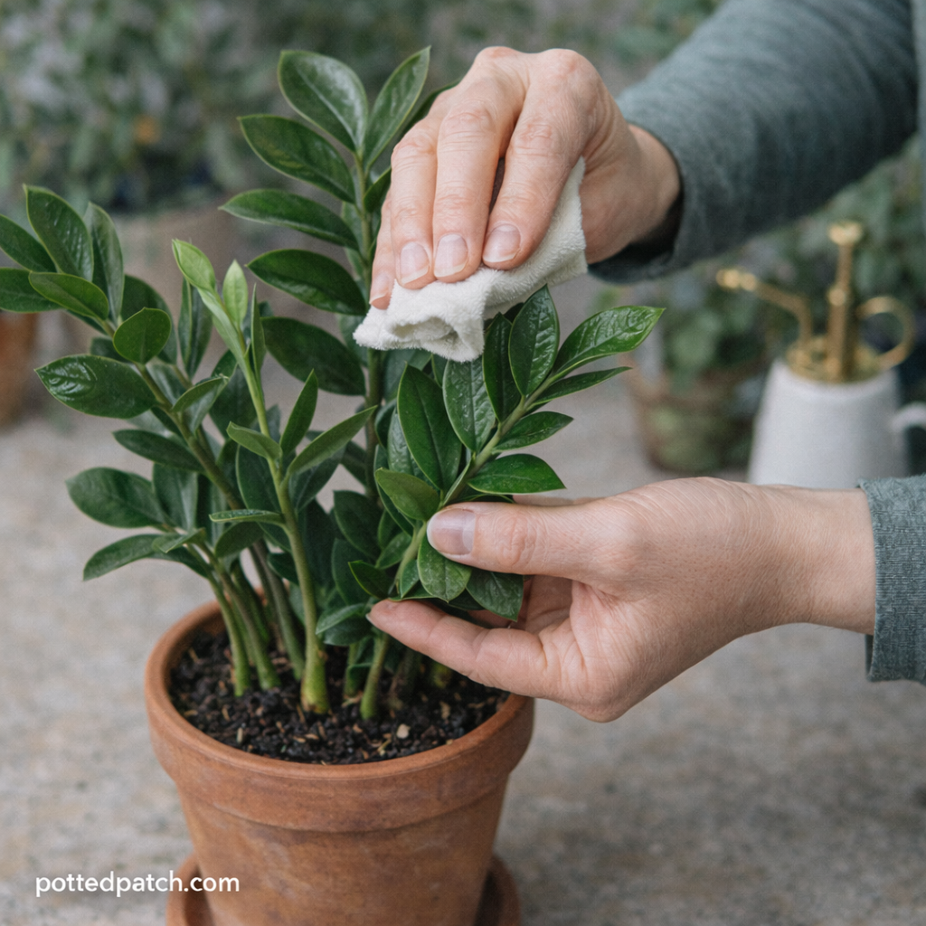 Person gently wiping glossy ZZ plant leaves with a cloth indoors.