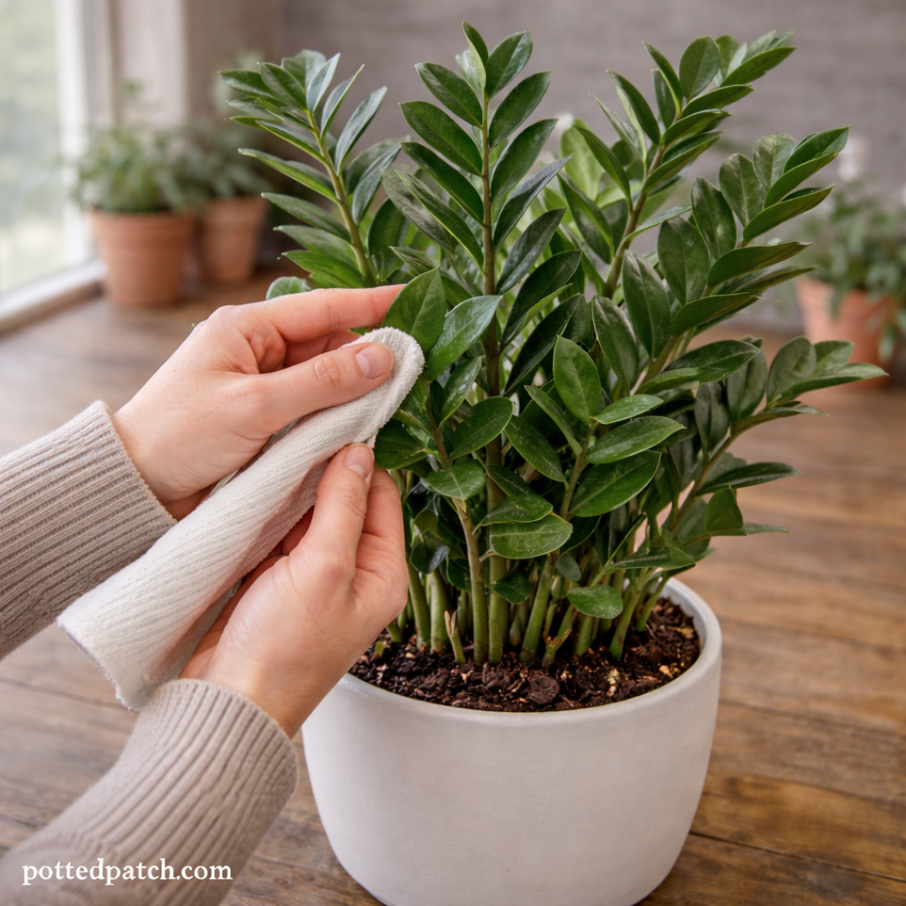 Person gently wiping dust from glossy ZZ plant leaves to keep the plant healthy indoors.