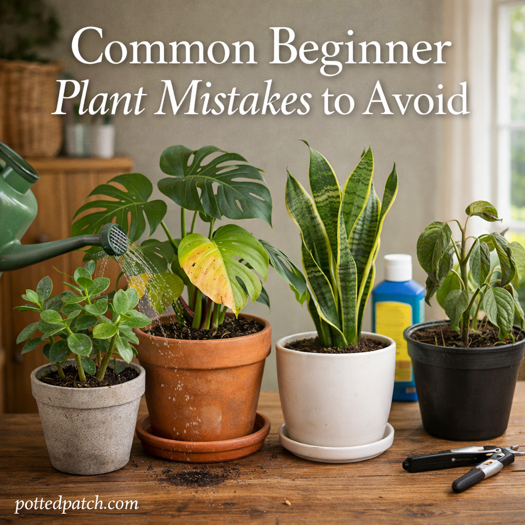 Indoor houseplants showing common beginner care mistakes such as overwatering, poor drainage, and incorrect plant placement.