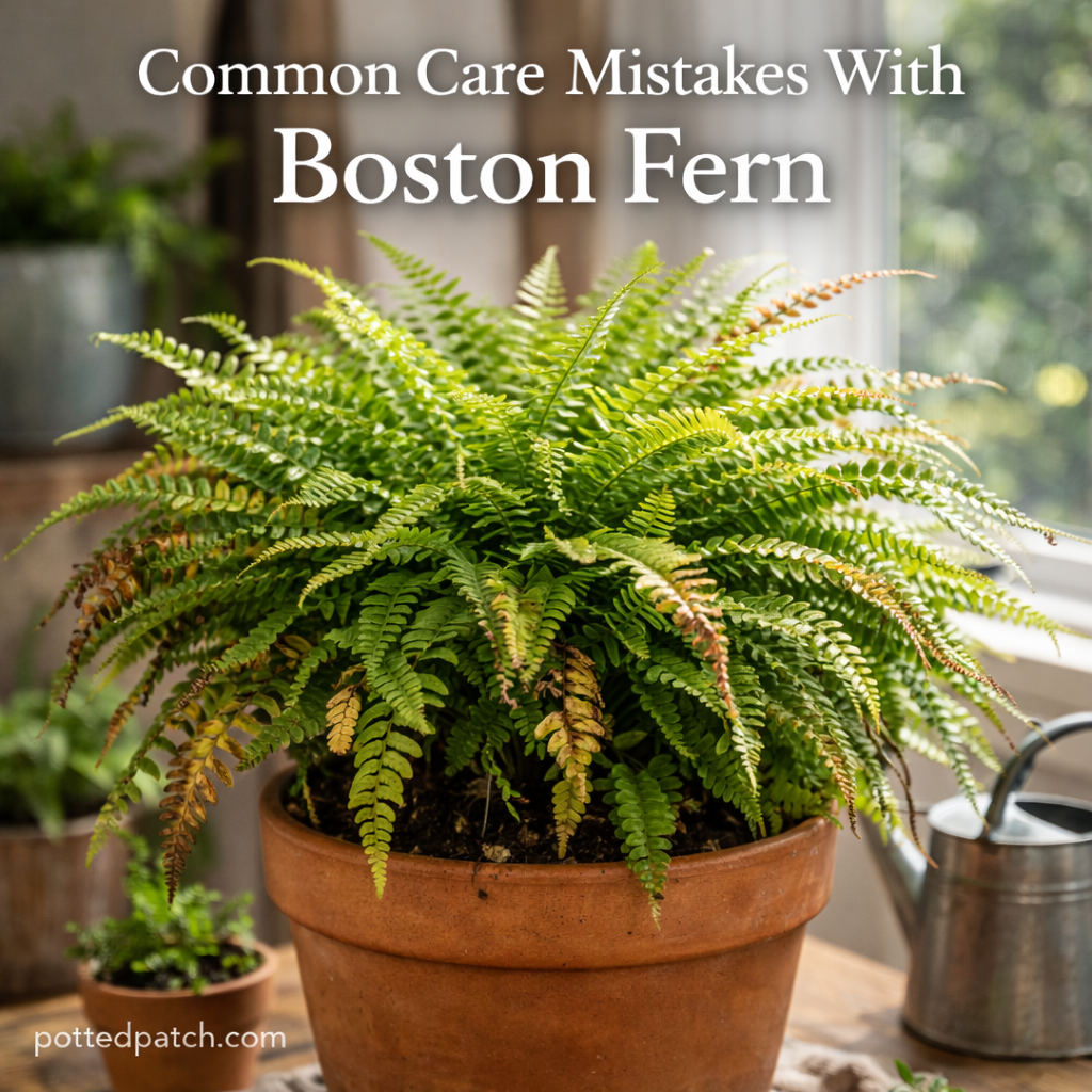 Boston fern showing yellowing and brown fronds from common care mistakes like overwatering and too much direct sunlight.