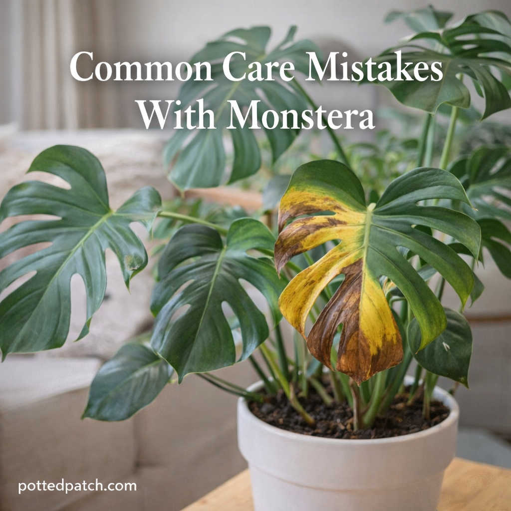 A Monstera plant with yellowing and browning leaves showing signs of common indoor care mistakes.
