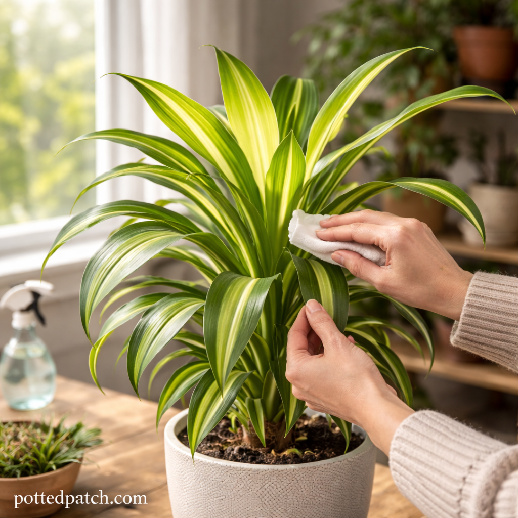 Person gently cleaning and adjusting dracaena leaves near a bright window indoors with pottedpatch.com watermark.
