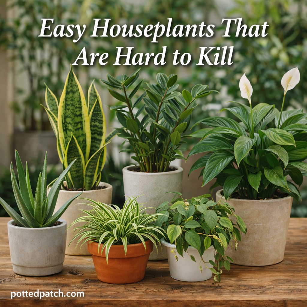 Collection of easy houseplants including snake plant, pothos, ZZ plant, spider plant, aloe vera, and peace lily in indoor pots.
