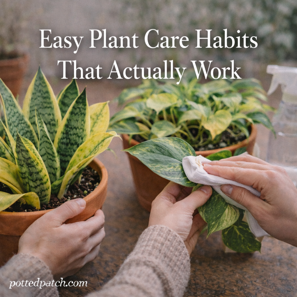 Hands caring for indoor plants by wiping leaves and handling potted houseplants in a calm, beginner-friendly setting.