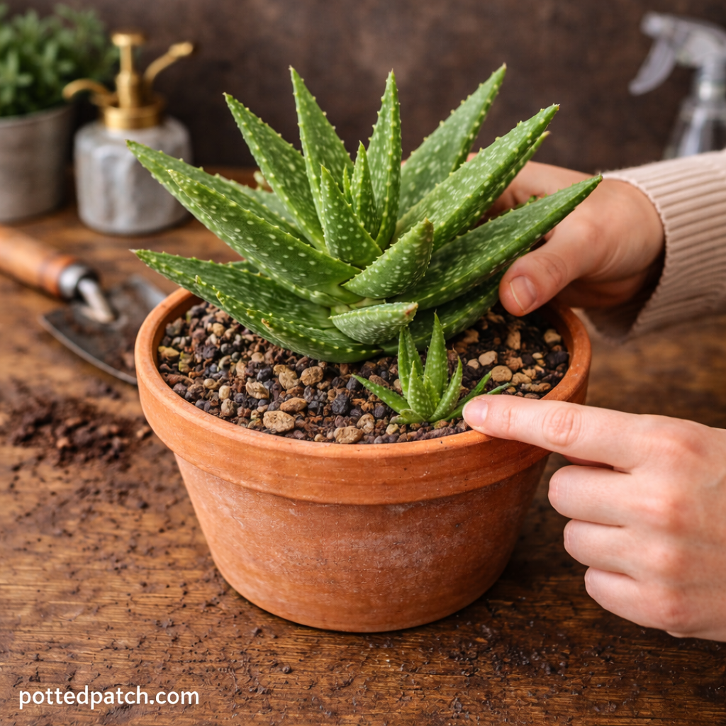 Person pointing to new aloe vera pup growth in a terracotta pot with pottedpatch.com watermark.