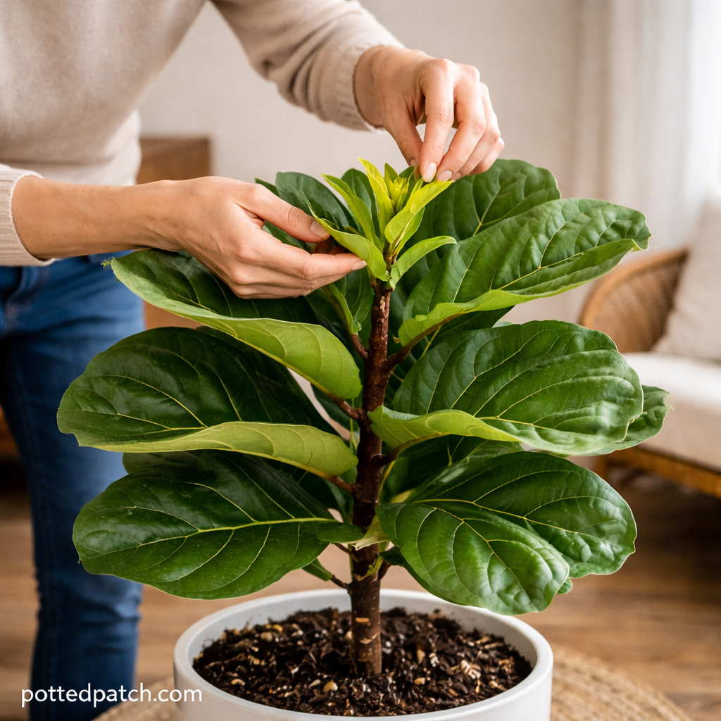 Person gently inspecting and supporting new growth on a fiddle leaf fig indoors with pottedpatch.com watermark.