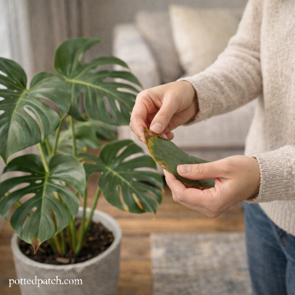 Person examining brown, crispy tips on a Monstera leaf to identify common plant care issues.