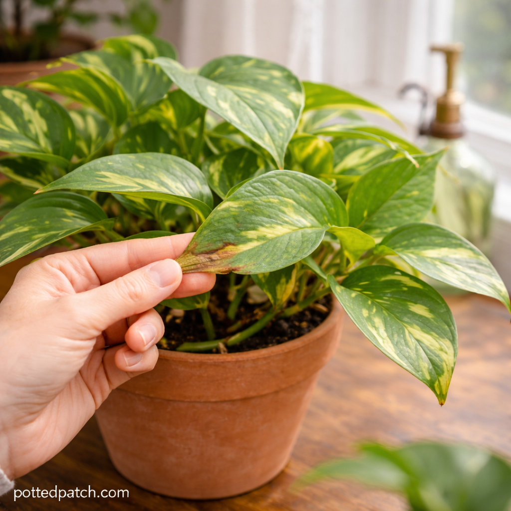 Person holding a pothos leaf with brown, crispy tip to inspect damage.