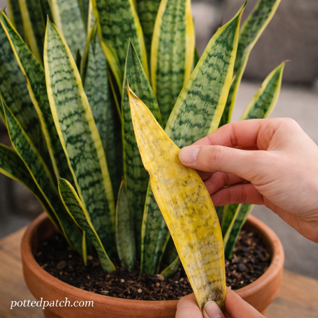 Person gently inspecting a yellowing leaf on a snake plant to identify signs of stress or watering issues.