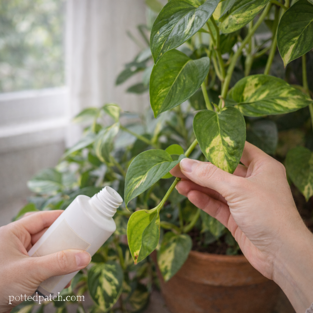 Person applying liquid fertilizer to a pothos plant to encourage faster growth with pottedpatch.com watermark.