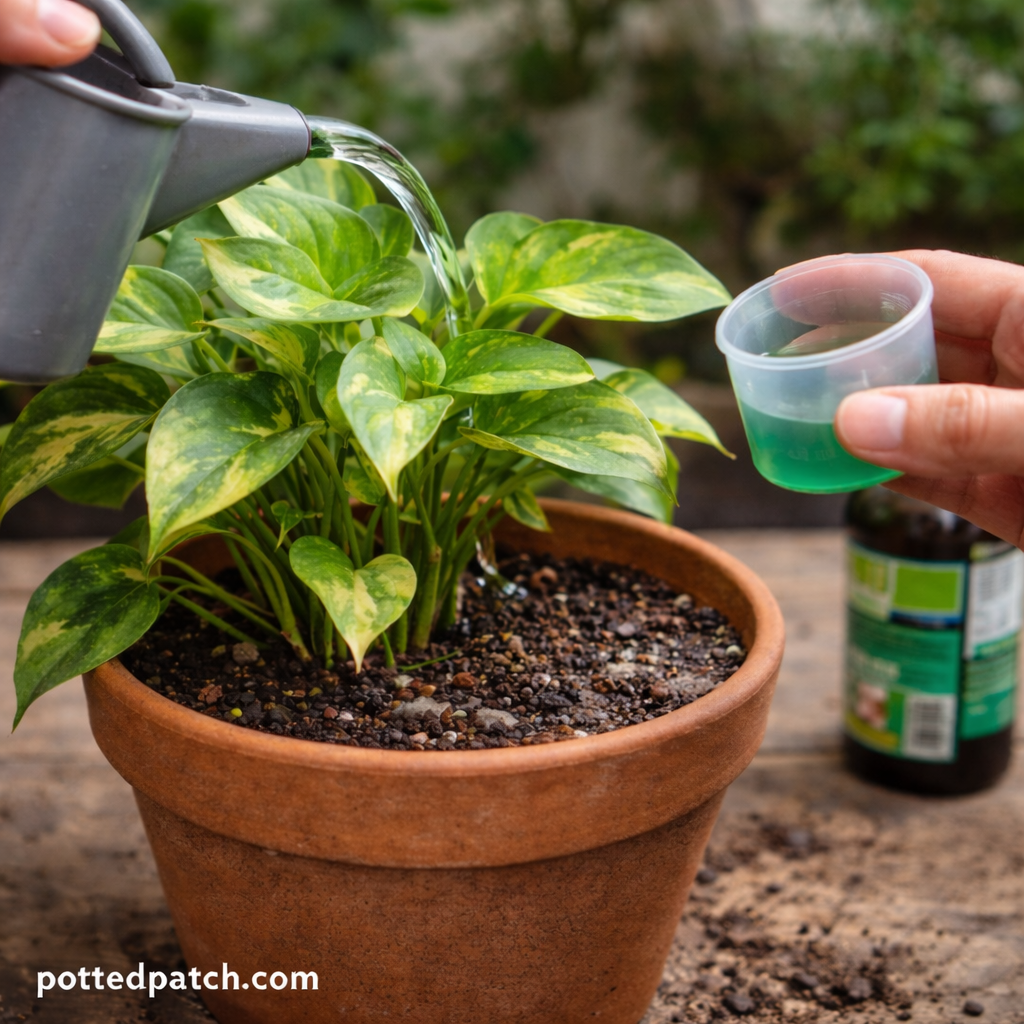 Person applying diluted liquid fertilizer to a pothos plant growing in a terracotta pot indoors.