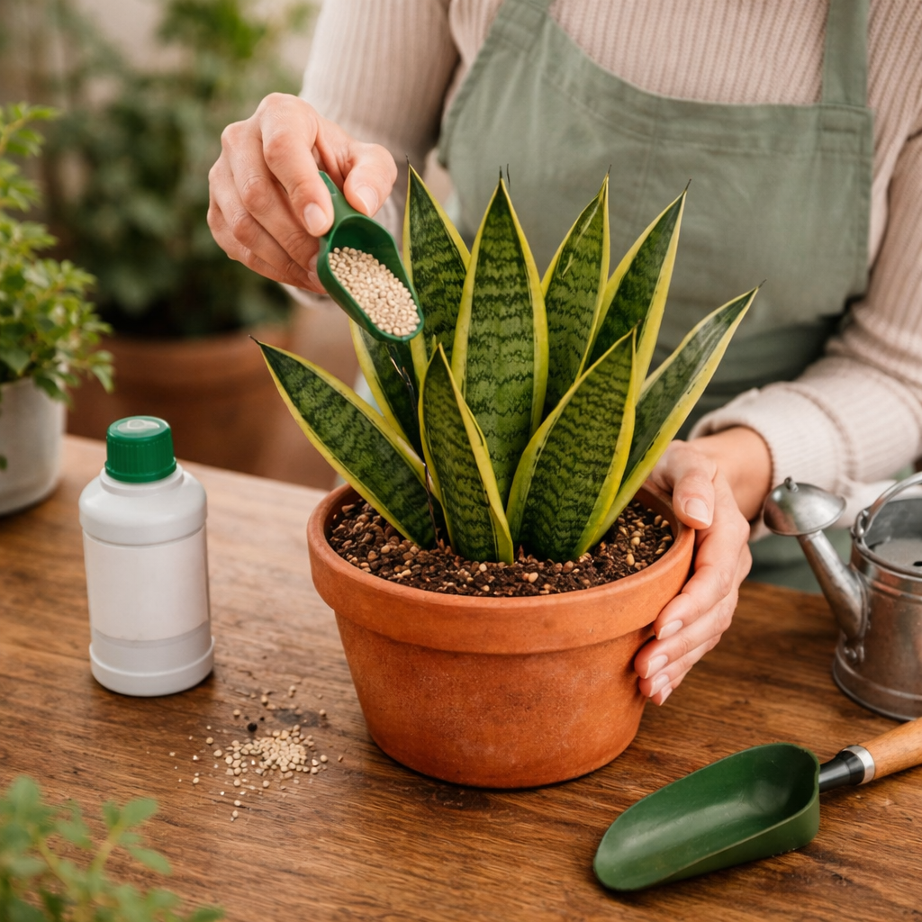Person fertilizing a potted snake plant indoors using granular fertilizer in a container.