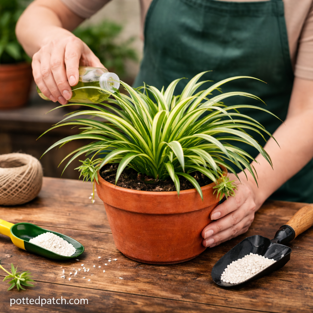 Person pouring diluted liquid fertilizer into a spider plant in a terracotta pot indoors.