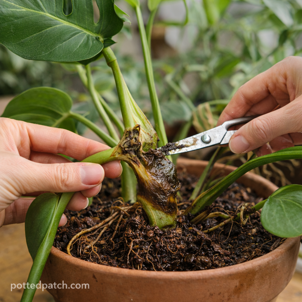 Person inspecting and trimming a soft, rotting stem at the base of a Monstera plant indoors.