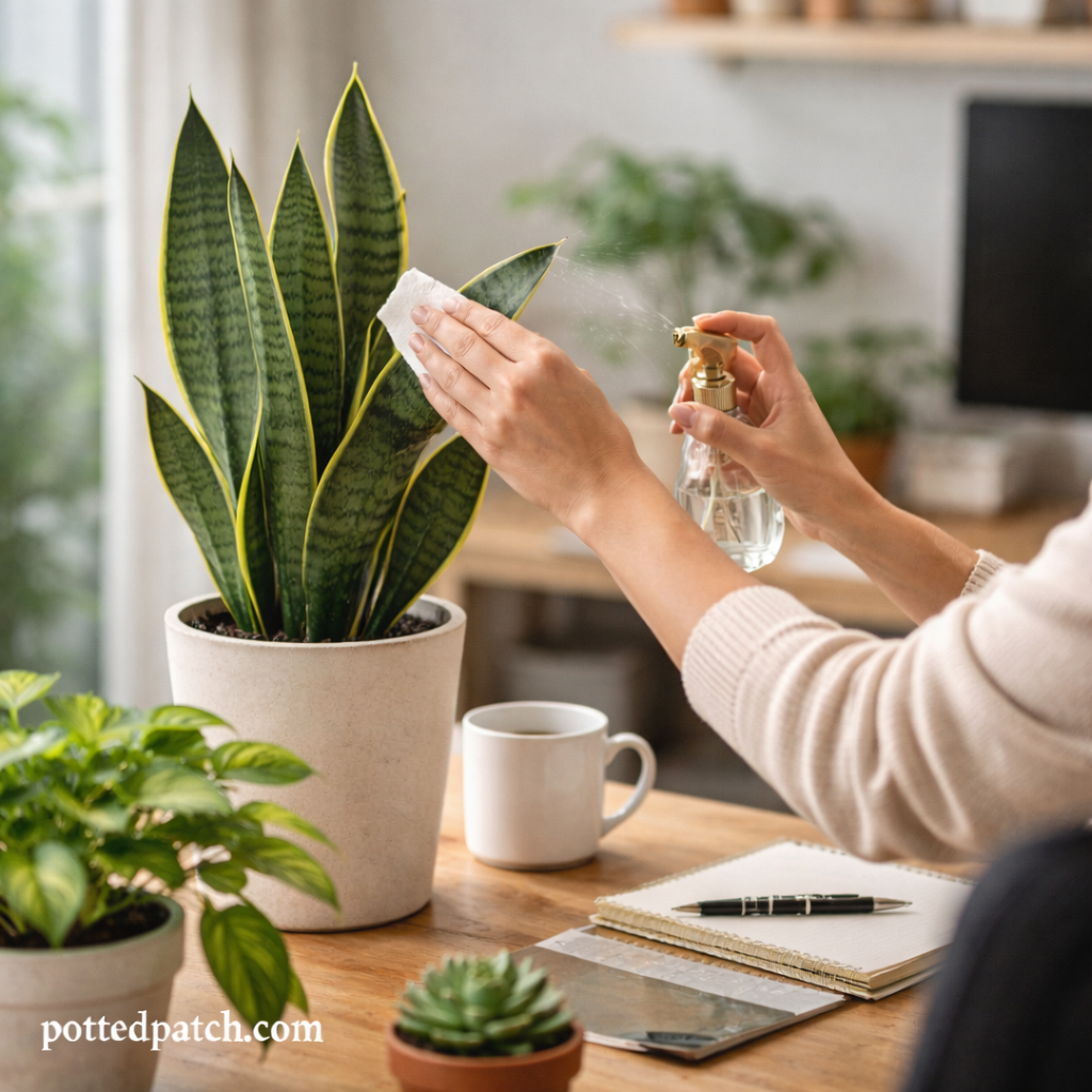 Person caring for a snake plant in a home office workspace with desk and computer nearby.
