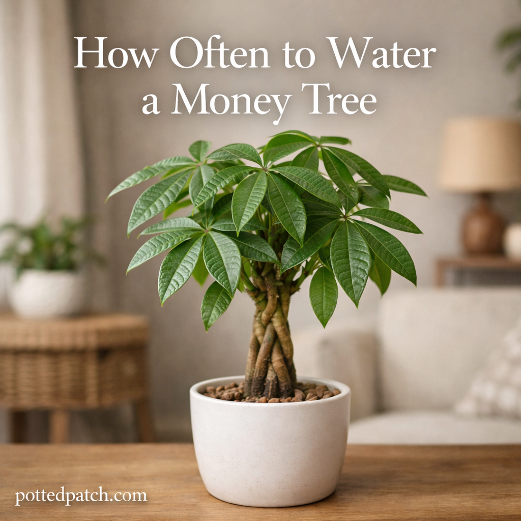 Indoor money tree (Pachira aquatica) in white pot with braided trunk and glossy green leaves in bright living room.