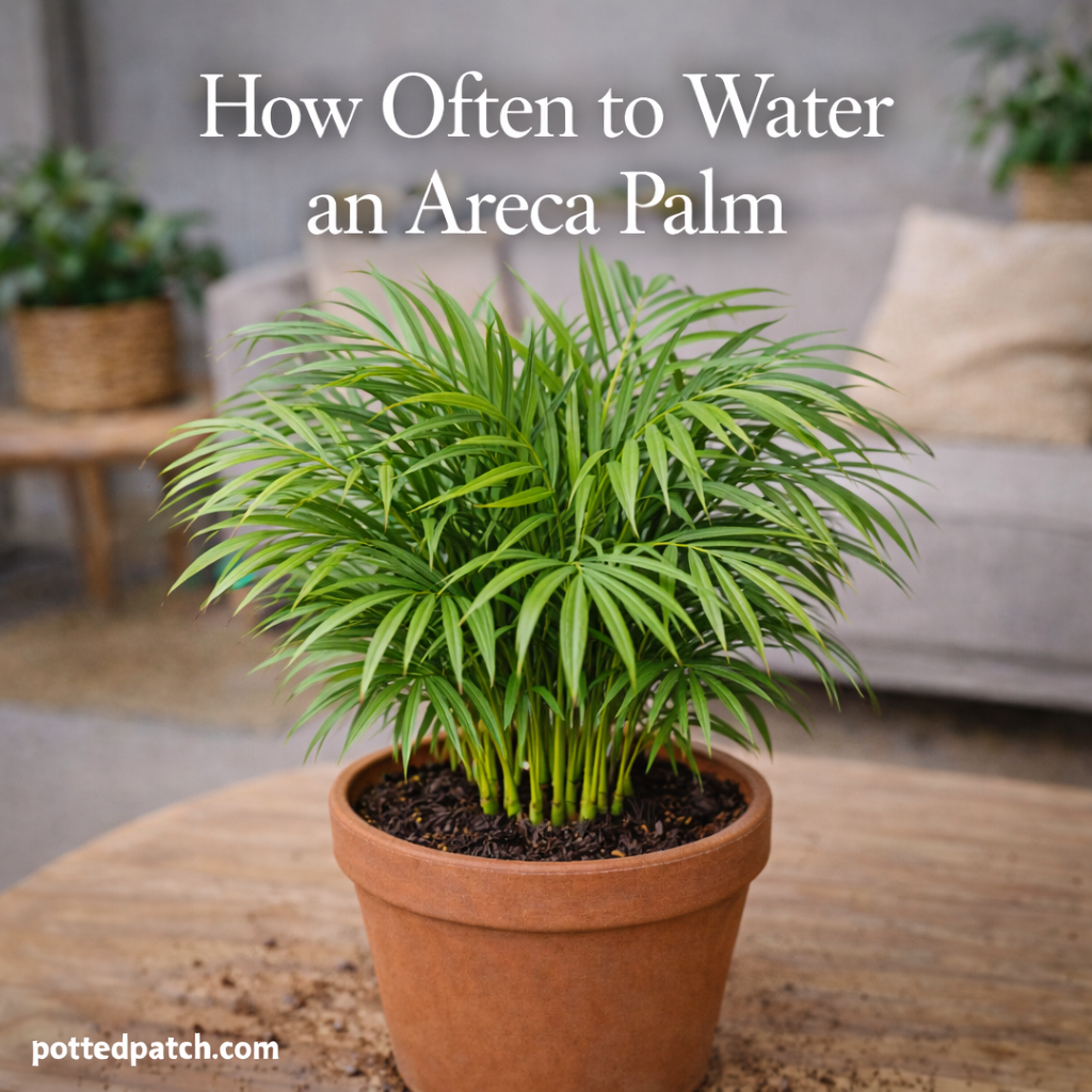 Healthy Areca palm in a terracotta pot indoors under bright indirect light.