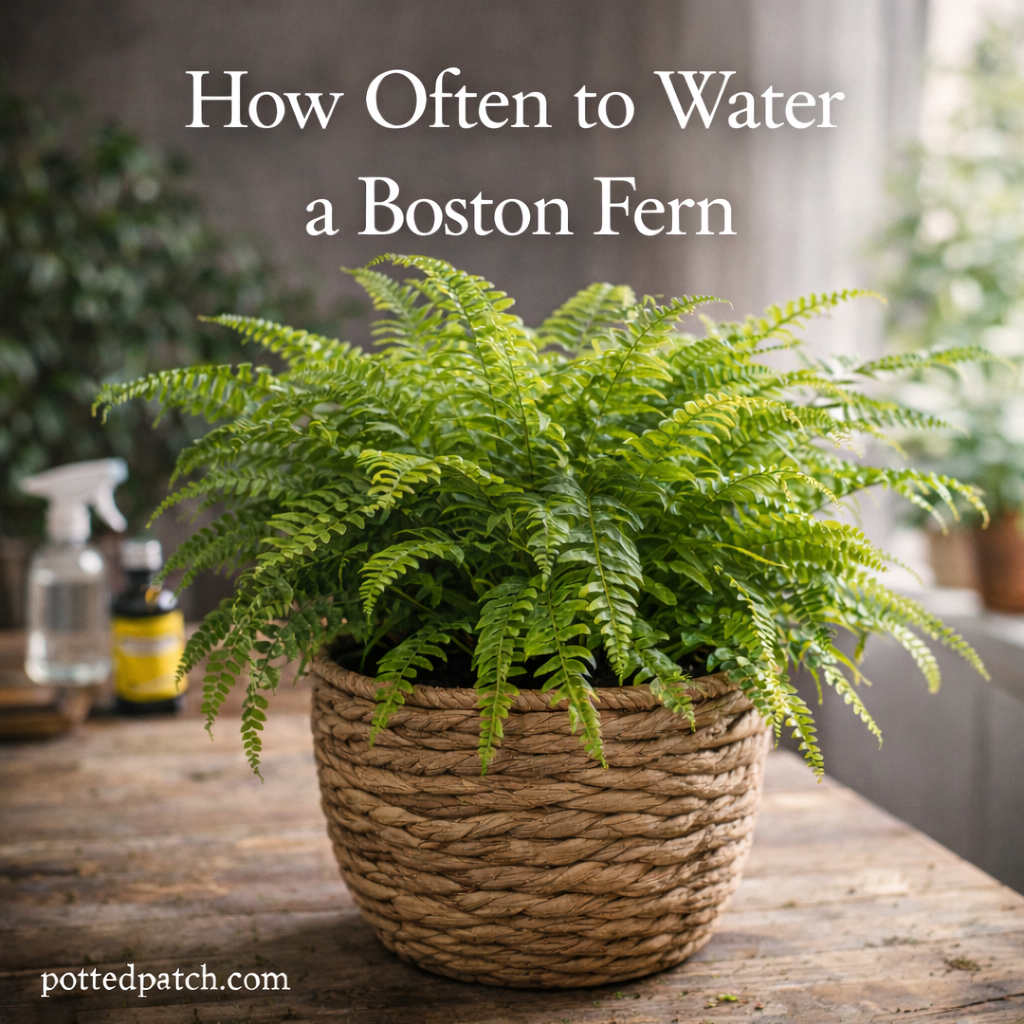 Healthy Boston fern in woven basket indoors with overlay title How Often to Water a Boston Fern and pottedpatch.com watermark.