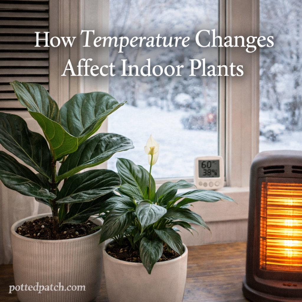 Indoor houseplants near a window and heater showing the impact of temperature changes on plant health.