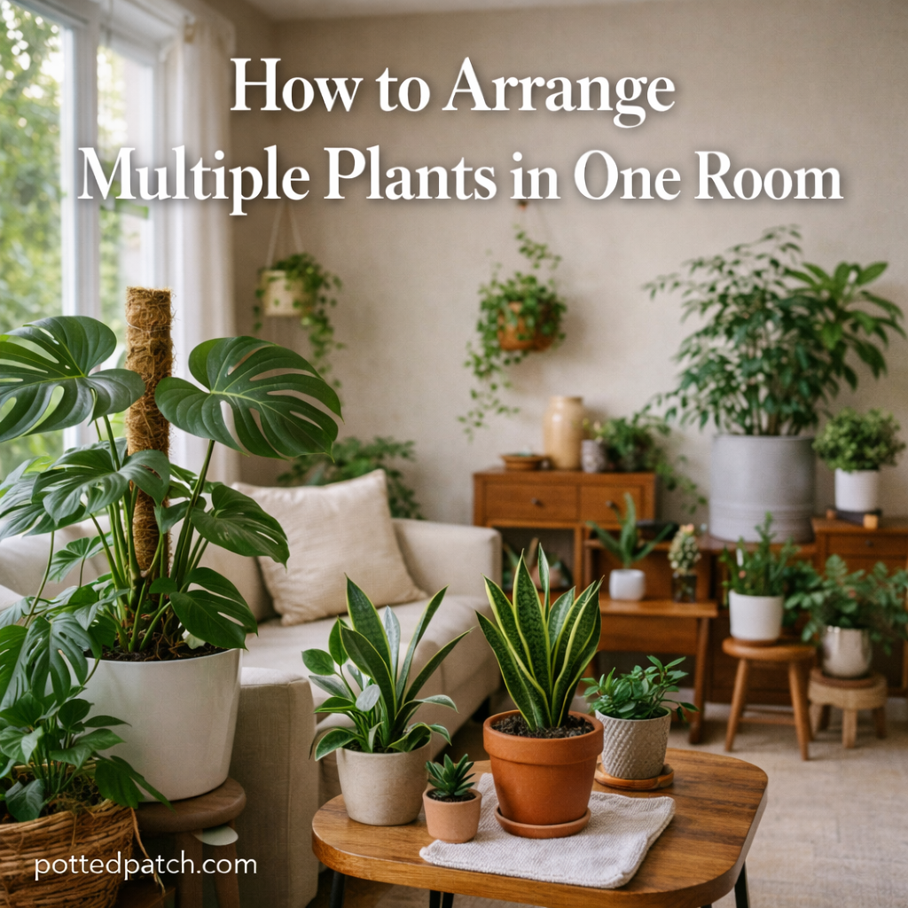 Multiple houseplants arranged together in a living room with balanced spacing and natural light.