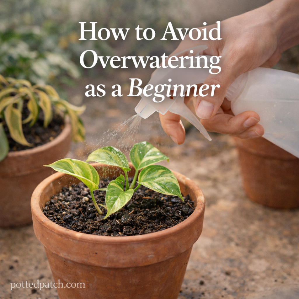 Beginner watering a small potted houseplant carefully to avoid overwatering indoors.