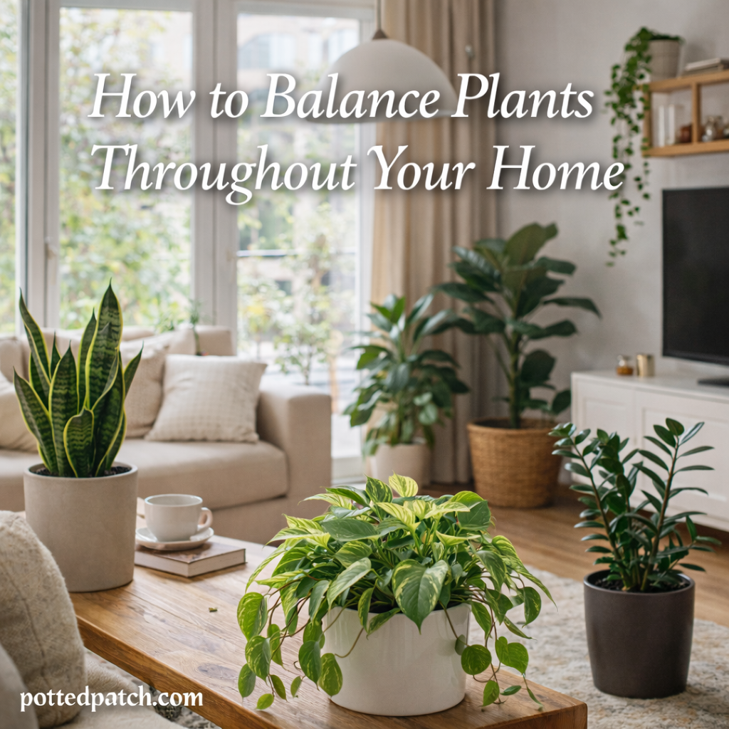 Balanced houseplants arranged throughout a living room to create visual harmony and flow.