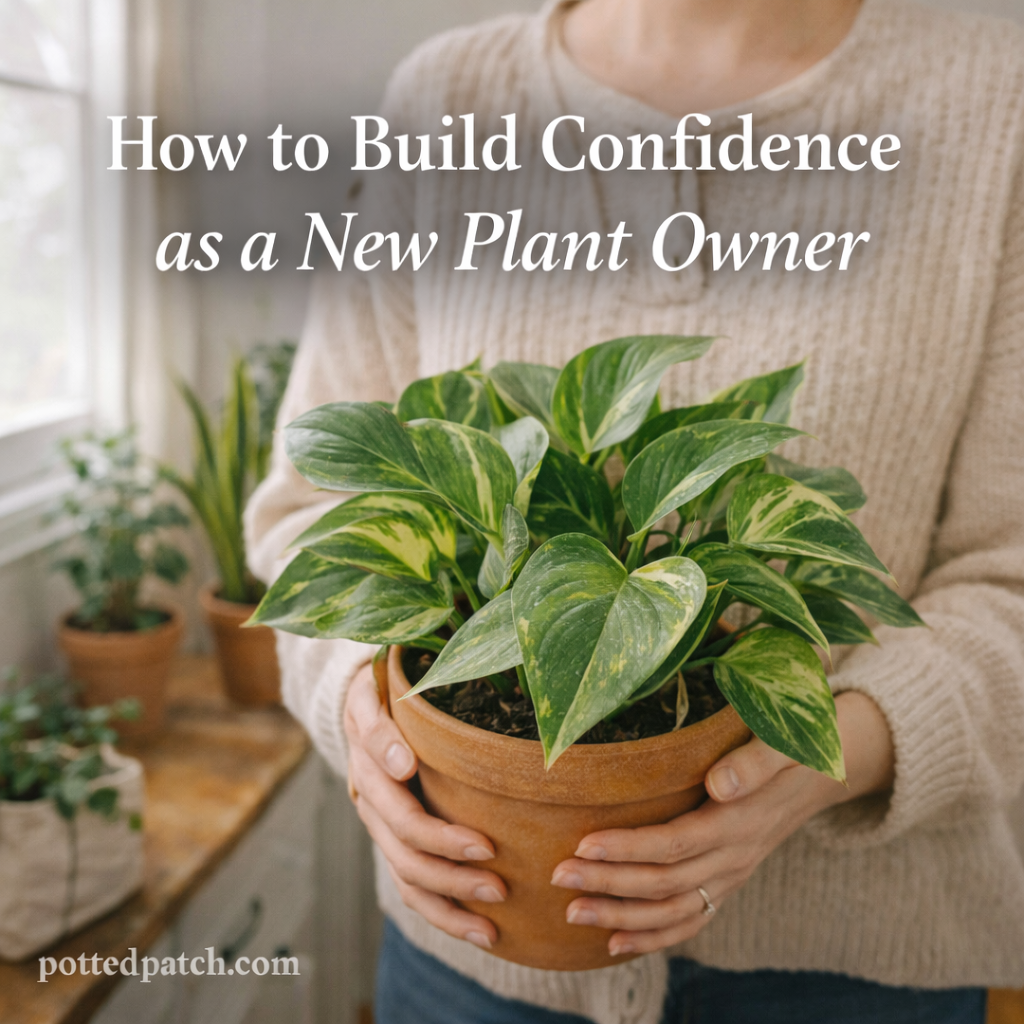 New plant owner holding a healthy potted indoor plant to build confidence in plant care.