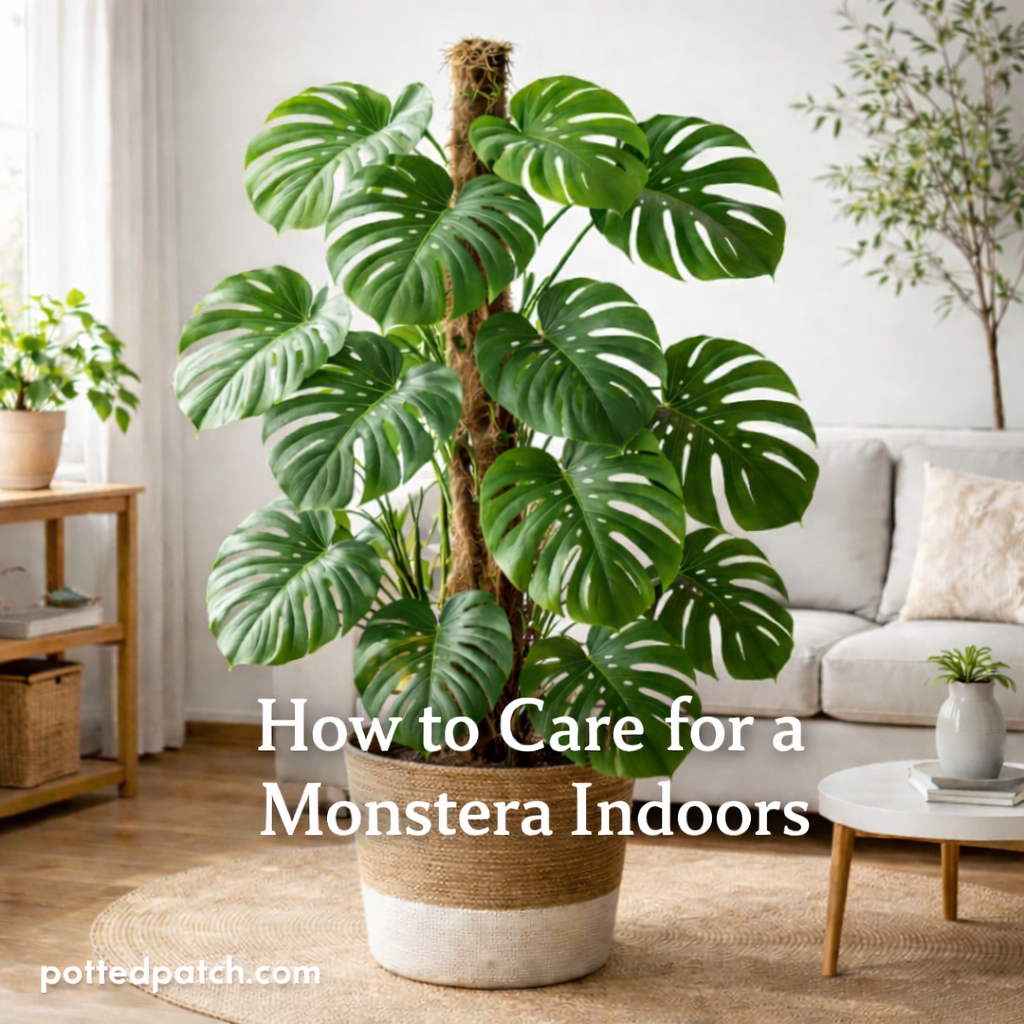 Healthy Monstera plant growing indoors in bright indirect light.