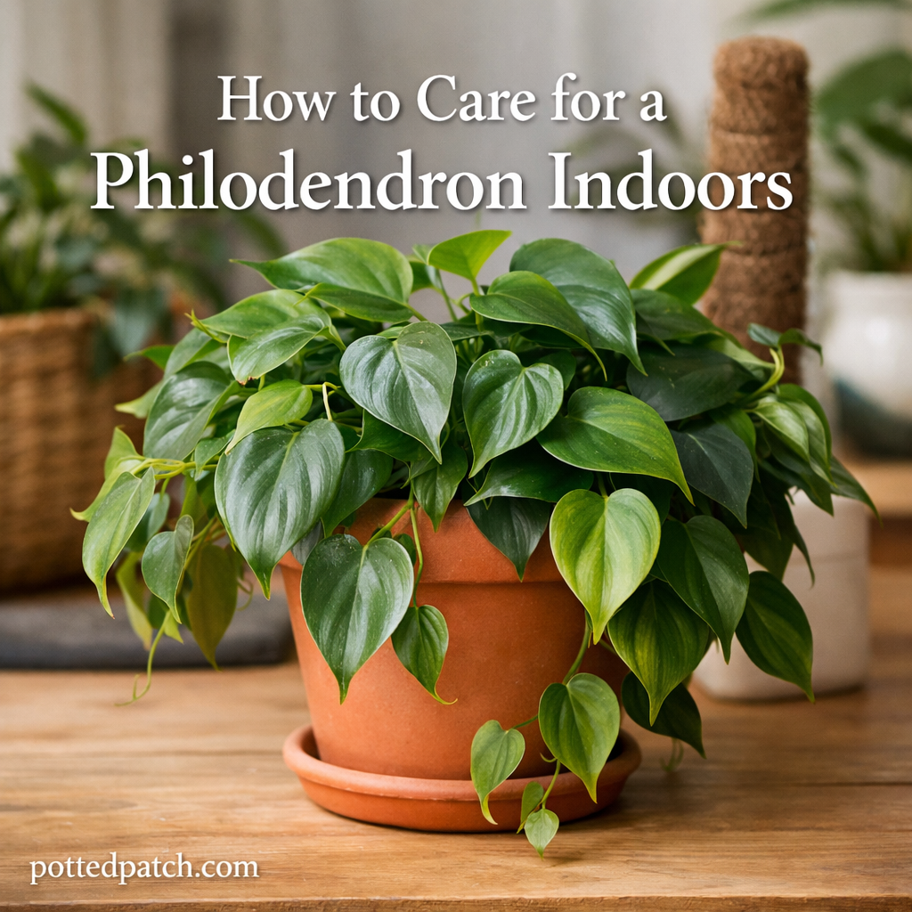Healthy green philodendron plant in a terracotta pot indoors with moss pole and overlay title How to Care for a Philodendron Indoors.