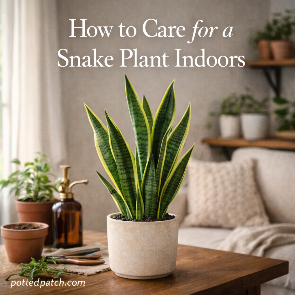 Healthy snake plant growing indoors in a decorative pot with bright indirect light.