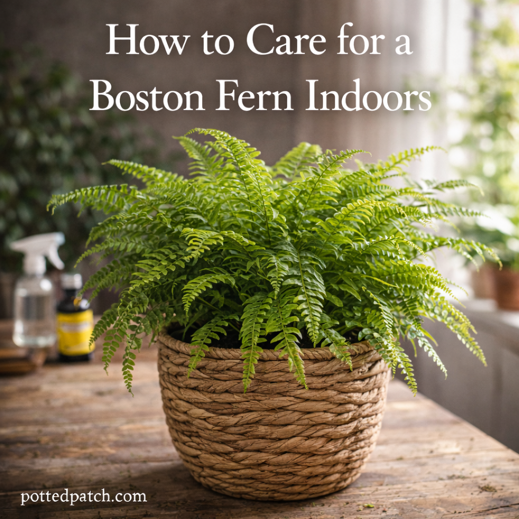 Healthy Boston fern in a woven basket indoors with overlay title How to Care for a Boston Fern Indoors and pottedpatch.com watermark.