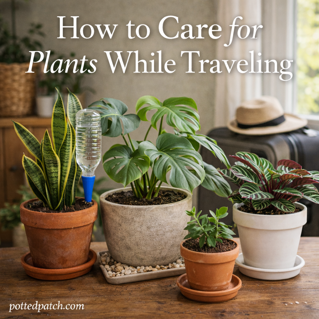 Houseplants arranged near a window with simple self-watering solutions prepared for plant care while traveling.