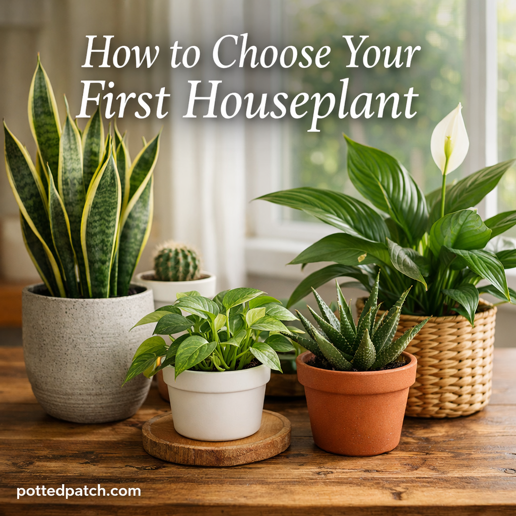 A group of beginner-friendly houseplants arranged on a table near a bright window in a cozy indoor space.