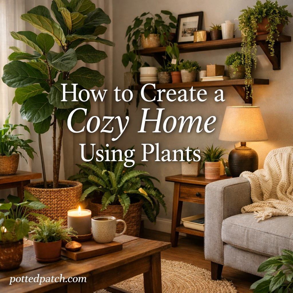 Cozy living room filled with houseplants, warm lighting, and natural textures creating a comfortable home atmosphere using plants.