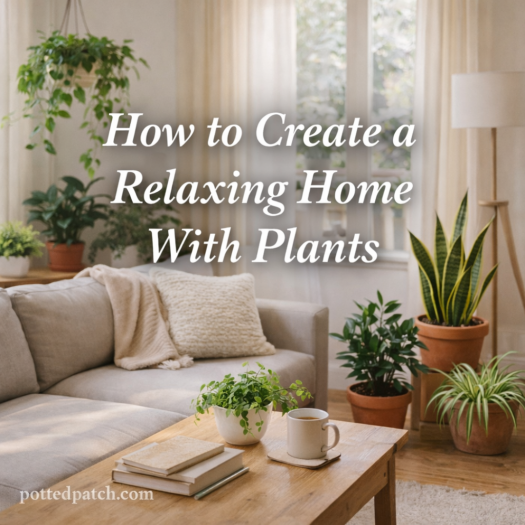 Relaxing living room with indoor plants showing how to create a calm home environment with plants.