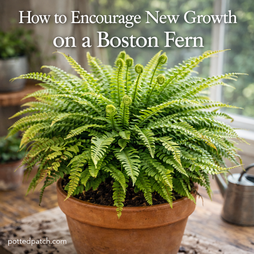 Healthy Boston fern showing fresh fiddlehead growth in bright indirect light indoors.